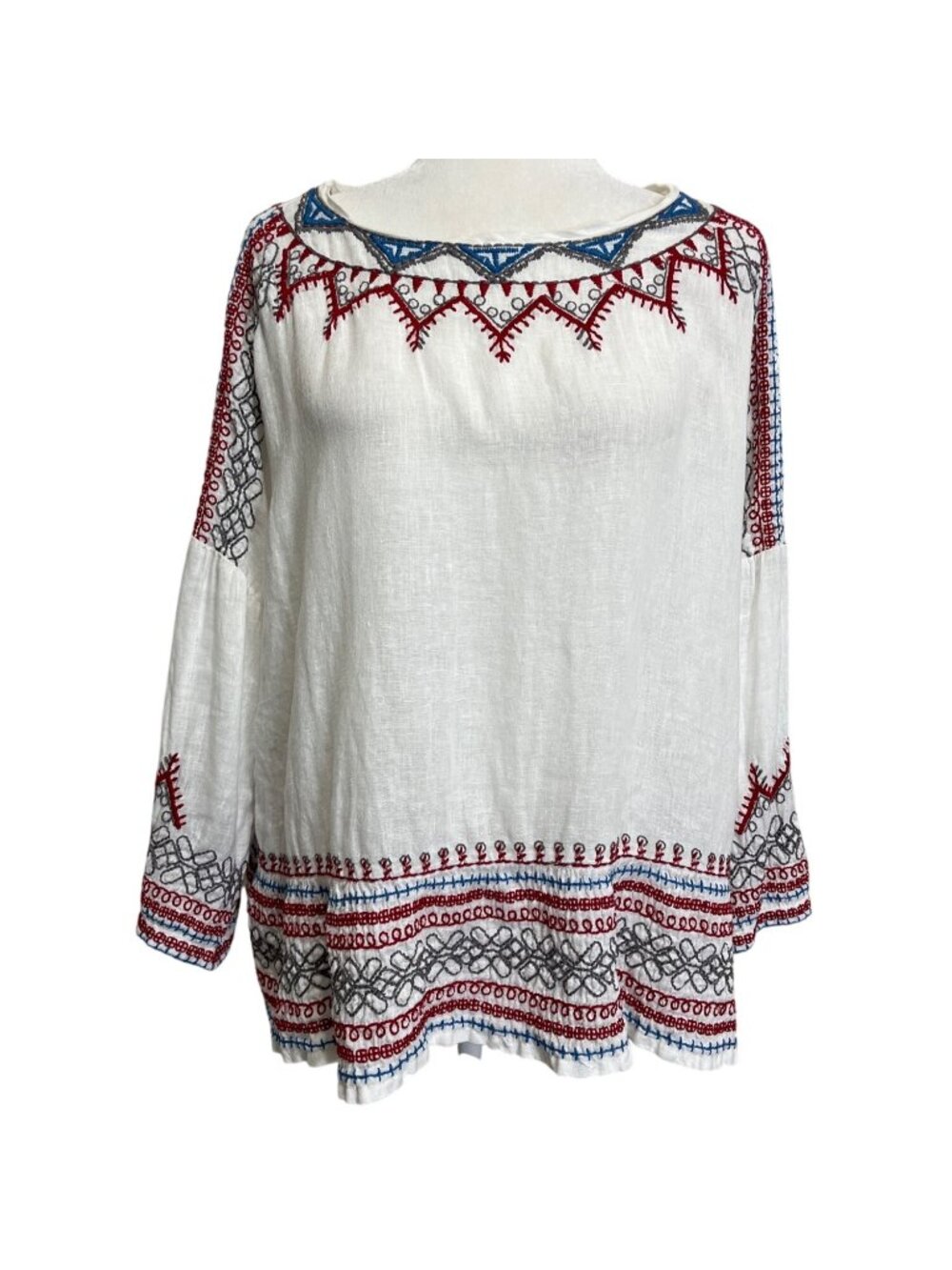 Johnny Was Womens Size S Linen Top Embroidered Boho Blouse White Red Blue